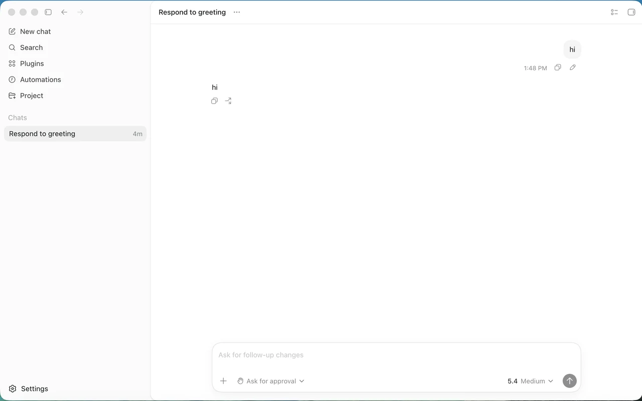 設定した provider 経由で hi が返った Codex Desktop 画面。
